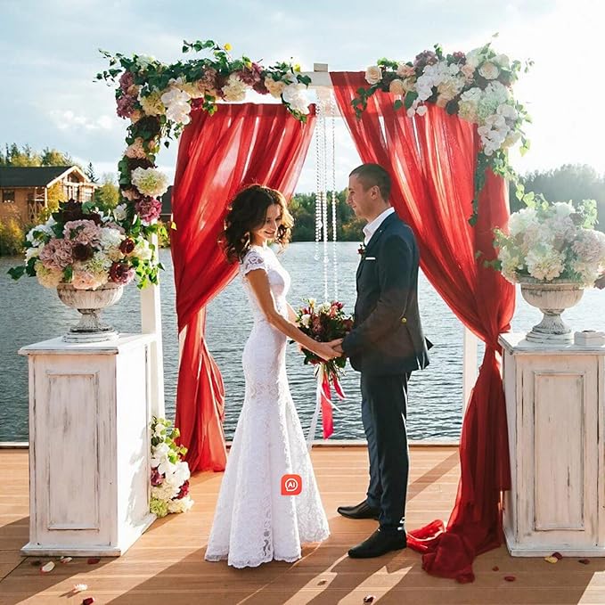 VOK Red Wedding Arch Draping Fabric Chiffon Fabric, 29in x 18Ft Sheer Chiffon Outdoor Curtain for Wedding Ceremony Birthday Party Decoration (Red,1 Panel)