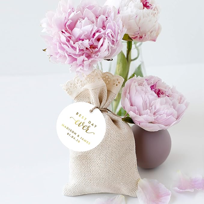 Andaz Press Personalized Round Circle Wedding Gift Tags, Metallic Gold Ink, Best Day Ever, 24-Pack, Custom Made Any Name