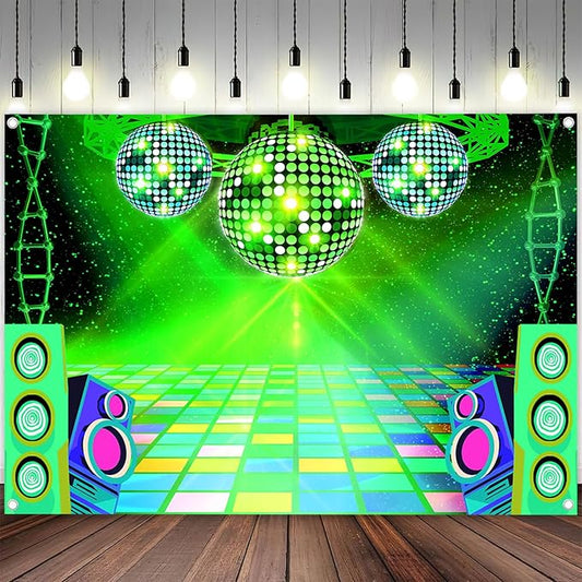 Dance Party Backdrop Retro 80s 90s Theme Stage Dance Ball Music Birthday Party Decoration DJ Photography Background 12 x 10 ft for Baby Shower Picture Photo Shoot Polyester Fabric, Green