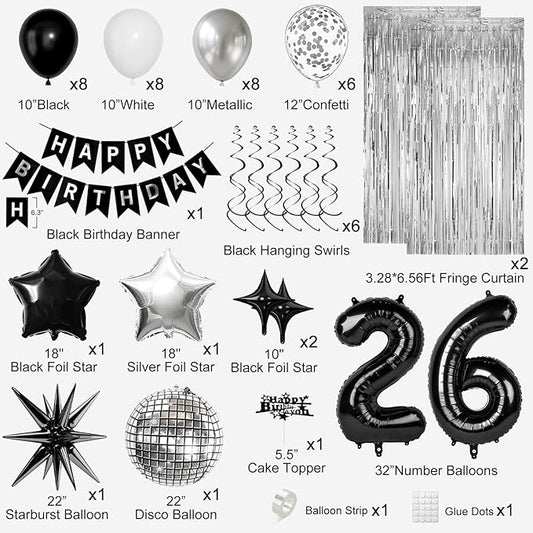 26th Birthday Decorations for Men Women, Black Silver Happy Birthday Party Decorations， 26 Year Old Party Supplies with Number 26 Balloons, Banner, Fringe Curtains Kit