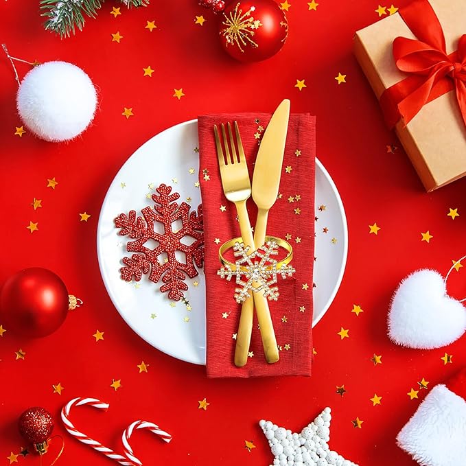 Patelai 100 Pieces Snowflake Napkin Rings Thanksgiving Christmas Napkin Holders Exquisite Household Rhinestone Napkin Rings Set for Christmas Wedding Dinner Party Table Decoration (Gold)