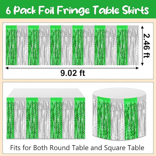6 Pack 29 x108 Inch Silver Greenange Wave Foil Fringe Table Skirts Metallic Banner for Tinsel Streamer Garland Backdrop for Parade Floats, Mother's Day, Easter, Wedding, Birthday Party Decoration