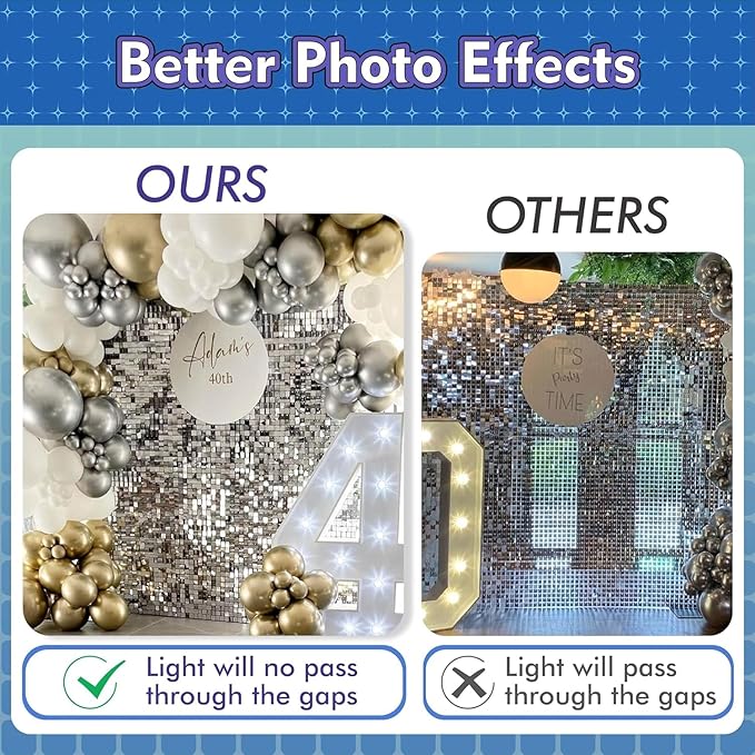 Qcity Mirror White Sequin Wall Backdrop 36PCS, Black Back Not See-Through Design, Square Sequin Glitter Backdrop Panel, Perfect for Outdoor Events, Birthdays, Wedding and Party Decoration