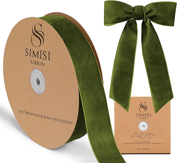 Olive Green Velvet Ribbon 1.5'' 25 Yards for Christmas Tree, Gift Wrapping, Flower Bouquet, Wreath Decorations, Bow Making