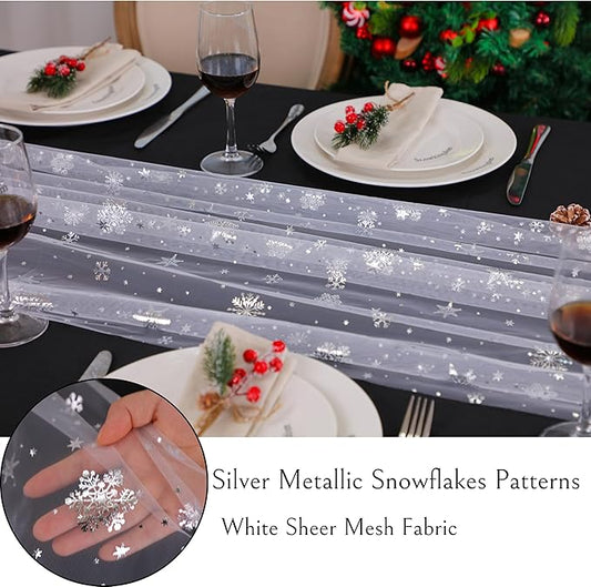 Snowkingdom Christmas Snowflake Cheesecloth Table Runner Silver 120 Inch Sheer Chiffon Gauze Runner, Winter Decorations Sparkly Sequin Metallic Party dining Table for Christmas Winter Holiday New Year