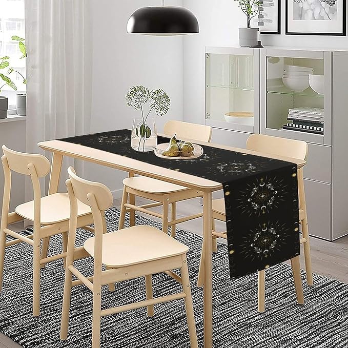 Sun Moon Table Runner, Magical Leaves Mysterious Western Traditional Elements Black White Table Runner for Party Living Room Home Kitchen Dinner 13x90 Inch