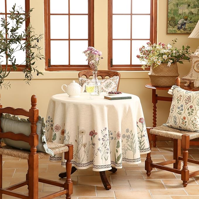 ISAENNE Designer Off White Linen Small Round Tablecloth,Floral Elegant Table Cloth,Stain Resistant Vintage Decor Tablecloths for Dining Thanksgiving Kitchen Christmas,Diameter 55"-Serenity G