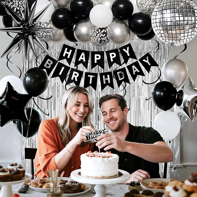 18th Birthday Decorations for Boys Girls, Black Silver Happy Birthday Party Decorations， 18 Year Old Party Supplies with Number 18 Balloons, Banner, Fringe Curtains Kit