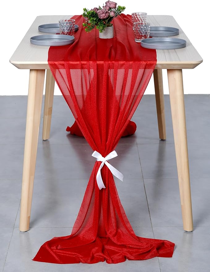 MDS Halloween Chiffon Table Runner - 10 Pack, 29 x 170 Inches, 14ft Each - Sheer Spooky Table Runners for Haunted House Parties, Trick-or-Treat Tables, Witchy Décor, Wedding & Events - Red