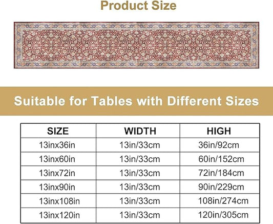 Boho Bohemia Style Table Runner, Vintage Red Blue Retro Flower Rustic Country Style Floral Print Pattern for Home Kitchen Table Decor Dining Coffee Room Garden Party Decor 13x90in