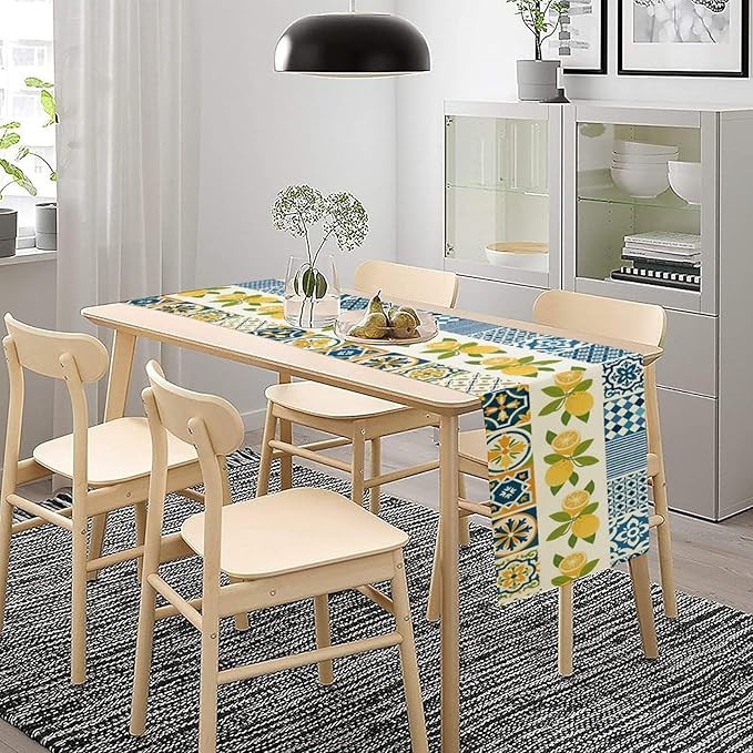 Lemon Table Runner,Watercolor Blue Fruits Green Leaves Print Table Cloth Kitchen Dining Table Home Party Decoration 13x90 Inch