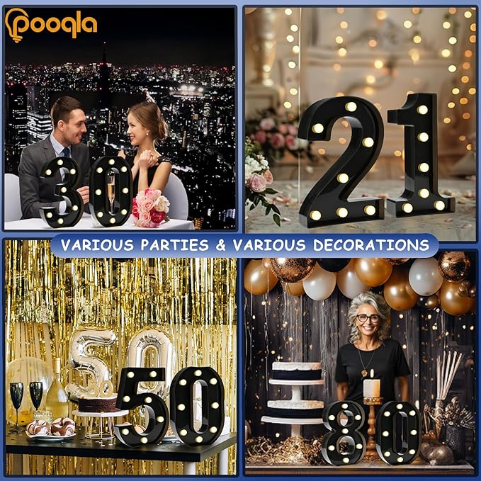 Pooqla Decorative Led Light Up Number Letters, Black Plastic Marquee Number Lights Sign for 60th Birthday Party Wedding Decor Battery Operated Black Decoration 60