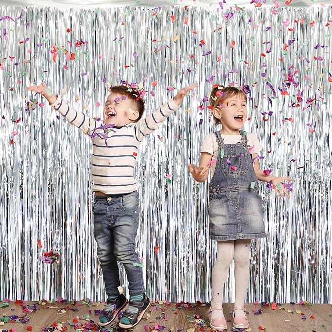GOER 3.2 ft x 9.8 ft Metallic Tinsel Foil Fringe Curtains Party Photo Backdrop Party Streamers for Birthday,Graduation,New Year Eve Decorations Wedding Decor (Silver,1 Pack)