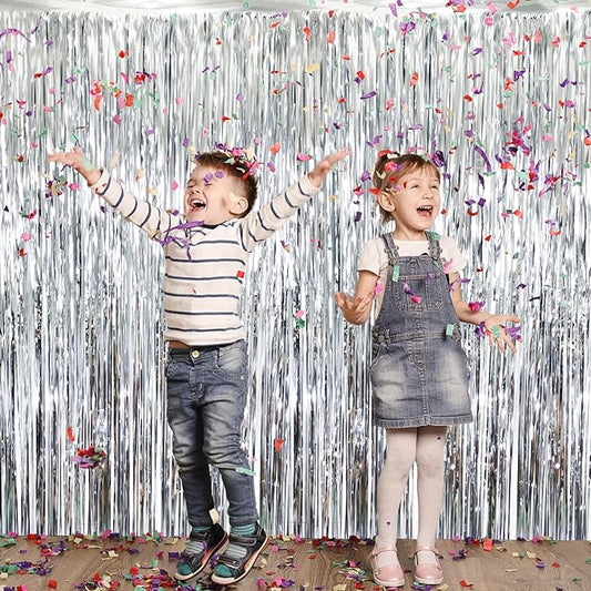 GOER 3.2 ft x 8.2 ft Metallic Tinsel Foil Fringe Curtains Party Photo Backdrop Party Streamers for Birthday,Graduation,New Year Eve Decorations Wedding Decor (Silver,5 pcs)