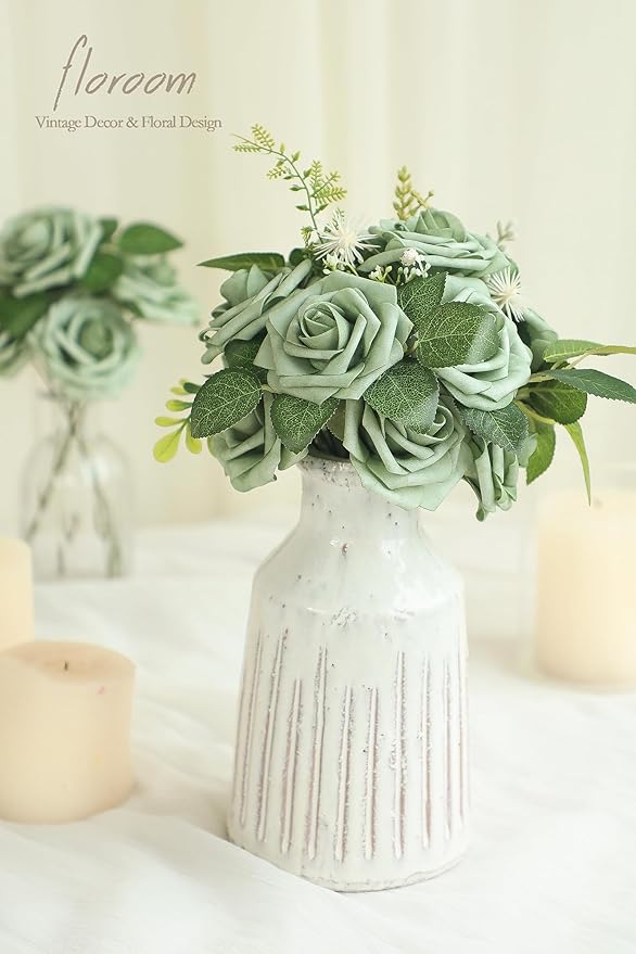 Floroom Artificial Flowers 25pcs Real Looking Forest Green Ombre Colors Foam Fake Roses with Stems for DIY Wedding Bouquets Bridal Shower Centerpieces Sage Green Floral Arrangements Decorations