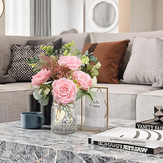 HOHOTIME Artificial Flowers in Vase, Faux Silk Pink Roses Table Centerpiece Decoration, Fake Flowers for Home Bedroom Study Room Decor with Glass Vase