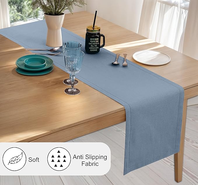 Ruvanti Linen Table Runner 108 Inches, Classic Hemstitch, Washable, Reusable, Non-Slipping, Stain Resistant- Perfect for Parties, Weddings, Dinners, Thanksgiving, Christmas, Indoor use – Grey