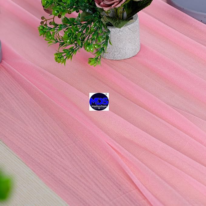 MDS 15 Pack 10ft Chiffon Table Runner 29 x 120 Inches Sheer Wedding Runner Romantic Rustic Table Runner for Wedding Decorations, Birthday Parties, Bridal Shower Party Arch Decor - Coral