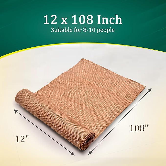Burlap Table Runners (Pack of 12) – 12”x 108” - No-Fray Finished Edge Premium Quality Natural Table Runner – No Odor, Eco-Friendly Burlap Runner, Perfect for Rustic Table Decor and Other DIY Crafts