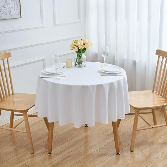 6 Pack White 60 Inch Round Tablecloths. Stain and Winkle Resistant Polyester Washable White Table Cloths for Parties Wedding Dining