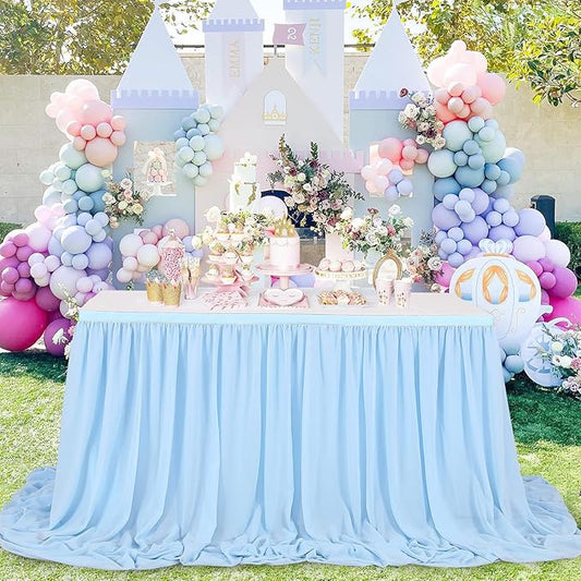 QueenDream 6ft Baby Blue Chiffon Table Skirt for Rectangle Table Sheer Tablecloth for Baby Shower Wedding Birthday Mermaid Theme Party
