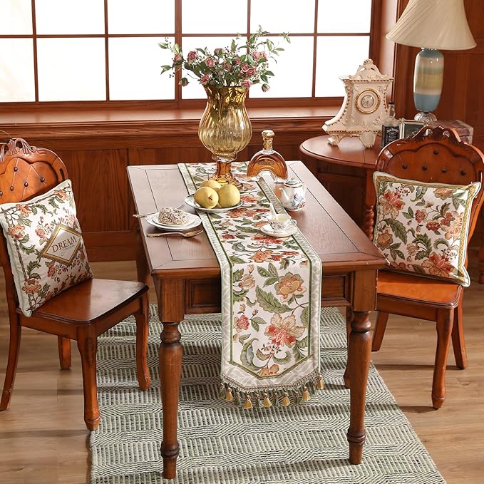 patdrea Designer Elegant French Floral Velvet Table Runner, Fresh Green with Orange Blossoms Pattern Table Mat, Decoration for Kitchen Dining Coffee Table Cabinet Banquet Thanksgiving,12"*102"
