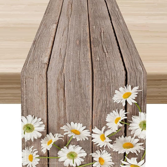Daisy Floral Table Runner, Farmhouse Spring Seasonal Summer Teal Green White Flower Rustic Abstract Table Center Decor for Home Kitchen Dining Holiday Party Indoor Table Decorations, 13"x90" Inch
