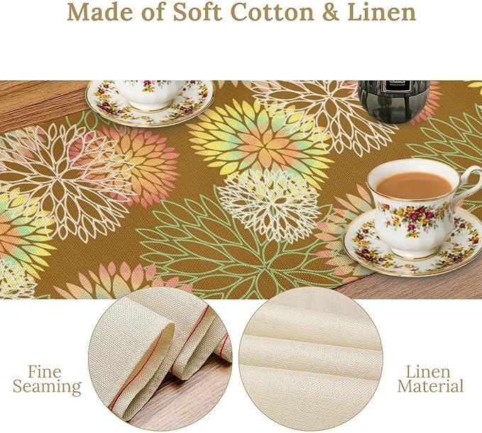 Brown Grey Dahlia Flower Table Runner, Linen Geometric Pattern Floral Table Decor Spring Farmhouse Decorations for Kitchen Dining Holiday Party Decor, 13x108 Inch