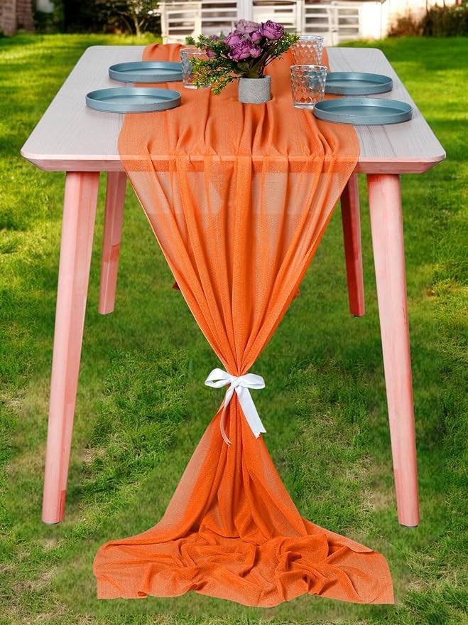 MDS 15 Pack 10ft Chiffon Table Runner 29 x 120 Inches Sheer Wedding Runner Romantic Rustic Table Runner for Wedding Decorations, Birthday Parties, Bridal Shower Party Arch Decor - Orange