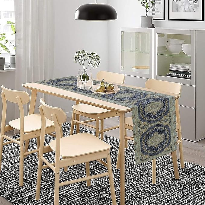 Boho Bohemia Style Blue Teal Table Runner, Country Rustic Farmhouse Magical Abstract Print Pattern for Home Kitchen Table Decor Dining Coffee Room Garden Party Decor 13x36in