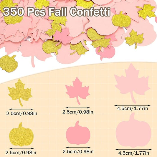 MARFOREVER 350 Pcs Fall Thanksgiving Pink and Gold Pumpkin Maple Leaf Confetti, Little Pumpkin Baby Shower Glitter Confetti Thanksgiving Table Decorations for Autumn Birthday Party Supplies
