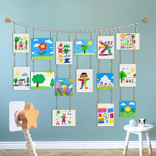 KOLLIEE Kids Artwork Display Art Wall Decor 4.93ft Boho Wooden Beaded Garland Collage Holder with Hanging Rings Wooden Stars Hook 40 Wood Clips for Kids Artwork Photo Room Bedroom Decor