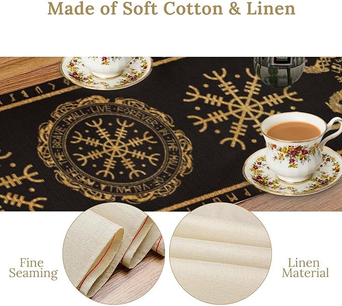 Viking Tree of Life Abstract Table Runner for Living Room Home Party Coffee Dining Party Wedding Golden Black Celtic Style Geometric Dragon Boat Rudder Ancient Script Table Runner 13x36 Inch