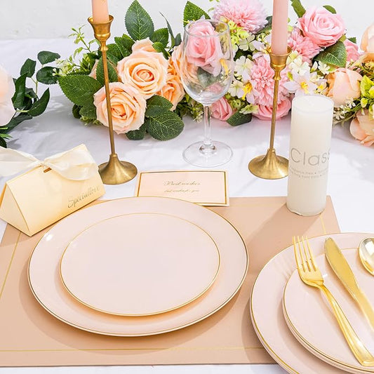 KIRE 175PCS Pink Plates Disposable - Heavy Duty Pink and Gold Plastic Plates Dinnerware Sets - 25 for Dinner 25 for Dessert 25 Pre Rolled Napkins 25Cups for Birthday Party/Wedding