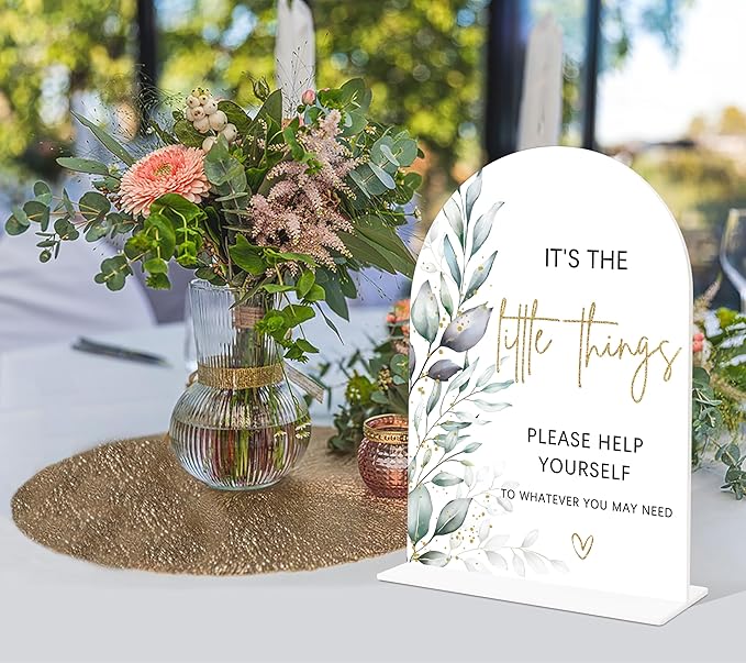 Acrylic Wedding Signs, Greenery Theme It's The Little Things Please Help Yourself Sign, Wedding Reception Signage, Bridal Shower Table Decor with Stand, Anniversary, Newlywed Events Supplies, 15