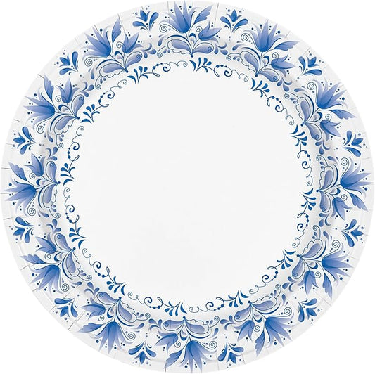 Charmount Large Paper Plates, 100pcs Disposable, Blue Flower Printed, Soak & Cut Proof for Parties & Daily Use