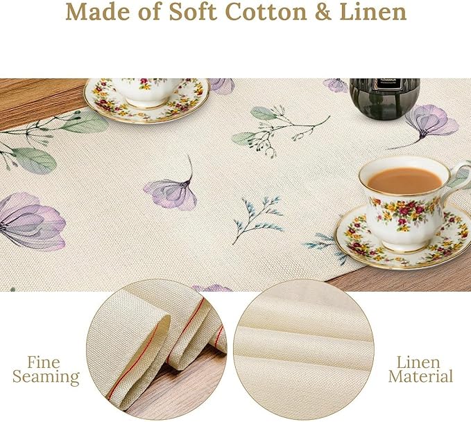 Poppy Flower Table Runner, Watercolor Purple Floral Leaves Seasonal Spring Summer Table Runner for Kitchen Dinning Table Runner Decor Home Wedding Party Holiday, 13x60 Inch