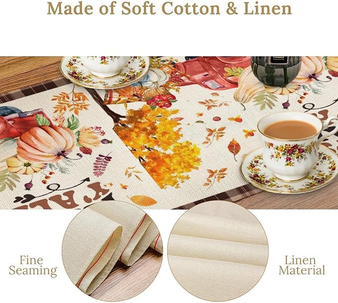 Fall Pumpkin Table Runner,Rustic Maple Yellow Leaf Trees Truncks Brown Plaid Tablecloth Burlap for Hotel Indoors Outdoor Dining Room Kitchen Home Decor,W13X L60 in
