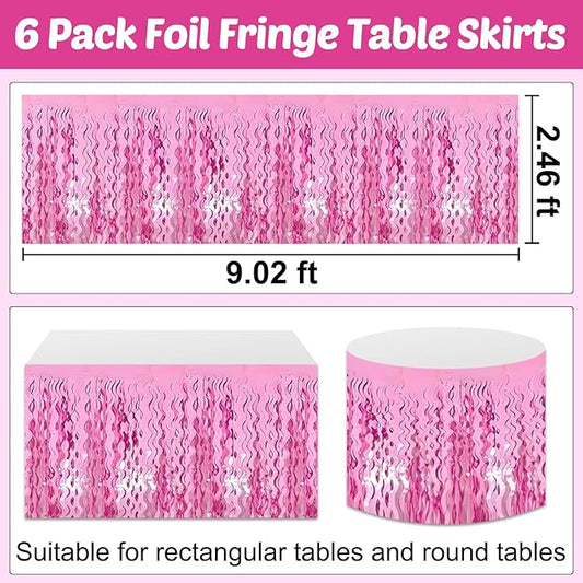 6 Pack 29x108 Inch Pink Wave Foil Fringe Table Skirts Metallic Banner for Tinsel Streamer Garland Backdrop for Parade Floats Wedding, Mother's Day, Birthday Mardi Gras Party Decorations