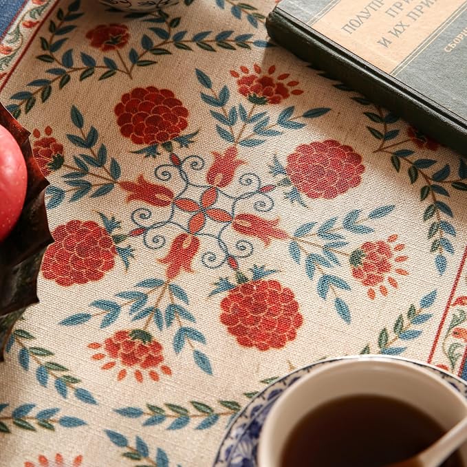 patdrea Designer Vintage Bright Farmhouse Extra Long Linen Table Runner 118 Inch Long, Maroon Floral Pattern Table Mat, Decor for Kitchen Dining Coffee Table Cabinet Banquet Christmas ,16"*118"