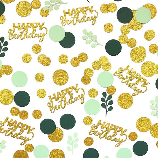 300PC Greenery Happy Birthday Confetti for Table Gold Glitter and Sage Green Birthday Party Decorations for Kids/Adult