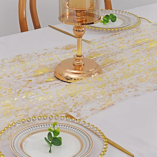 LOMOHOO 10 Ft Gold Table Runner, Golden Sheer Sequin Table Runners 120 Inches Long Glitter Metallic Foil Lace Fabric Table Decor for Birthday Party Wedding Anniversary Centerpiece (3pcs)