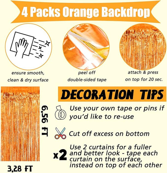 4 Pack Orange Fringe Curtain Backdrop, 3.2Ft x 6.6Ft Metallic Tinsel Foil Fringe Streamers Background for Photo Booth Birthday Wedding Baby Shower Carnival Easter Mother’s Day Party Decorations