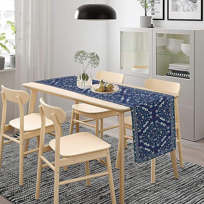 Boho Floral Vintage Table Runner, Retro Morris Abstract Blue Flower Rustic Country Farmhouse Pattern for Home Kitchen Table Decor Dining Coffee Room Wedding Party Decor 13x120in