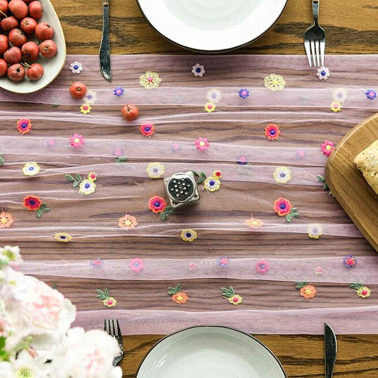 Artoid Mode Pink Embroidery Daisy Gauze Table Runner 120 Inch 10FT, Seasonal Sheer Kitchen Dining Holiday Wedding Birthday Table Decor for Home Party
