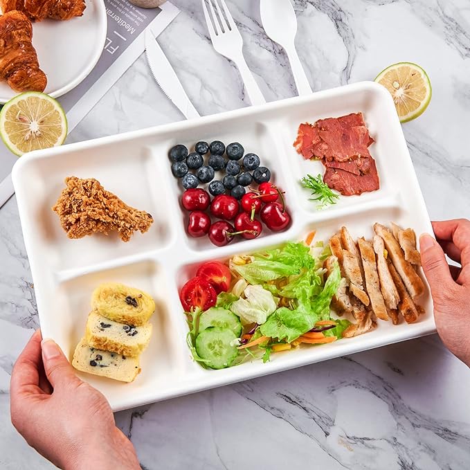 ECOLipak 100% Compostable 5 Compartment Plates, 100 Pack Disposable Compartment Paper Plates, 12.5 * 8.6 inch Biodegradable Sugarcane Plates, Eco-Friendly School Lunch Trays