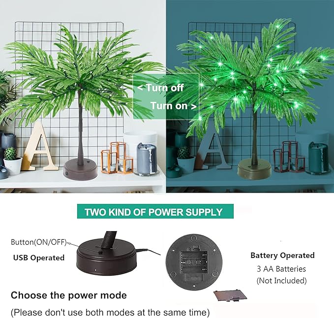 Luau Party Decorations Palm Tree with Lights, Lighted Palm Tree for Table Decor 23In Artificial Light Up Trees Green Table Centerpieces for Tropical Hawaiian Party Tiki Bar Home Summer Decor