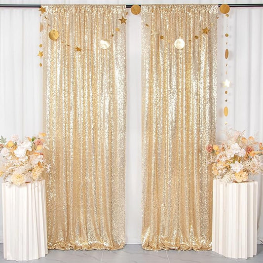 ShinyBeauty Champagne Gold Sequin Backdrop - 2 Panels, 7Ft x 7Ft, Sparkly Glitter Backdrop for Parties/Prom Backgrounds