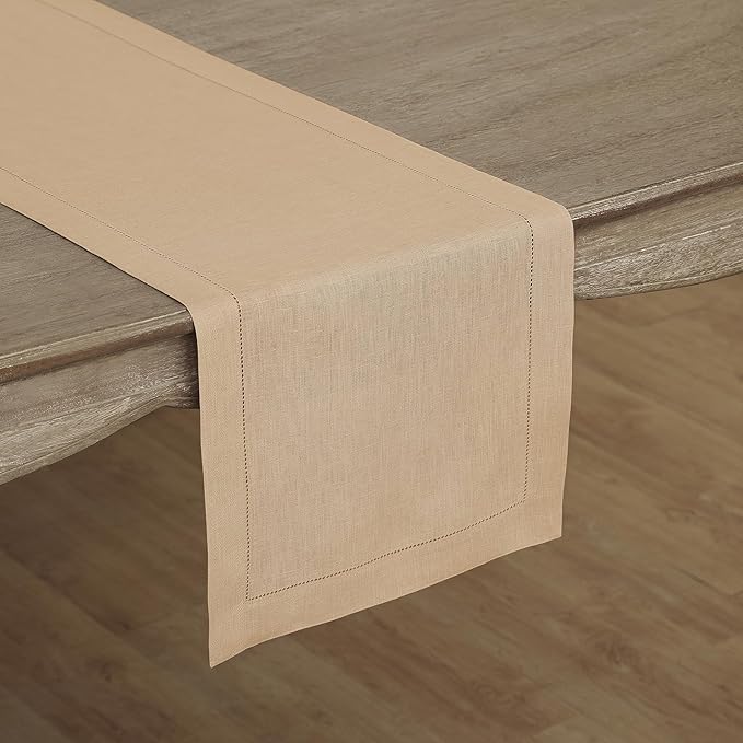 Solino Home Linen Table Runner 36 Inches - 100% Pure Linen Beige Hemstitch Table Runner 14 x 36 Inch Ideal for Dresser and Coffee Tables - Fall, Autumn, Thanksgiving, Christmas - Classic Hemstitch