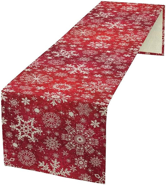 Snowflakes Christmas Table Runner, Winter Holiday Red Table Cloth Kitchen Dining Table Decoration for Home Party Decor 13x60 Inch